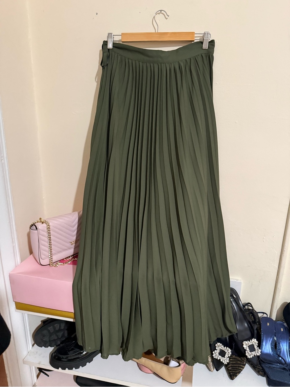 Olive Green Pleated Maxi Skirt - Womens